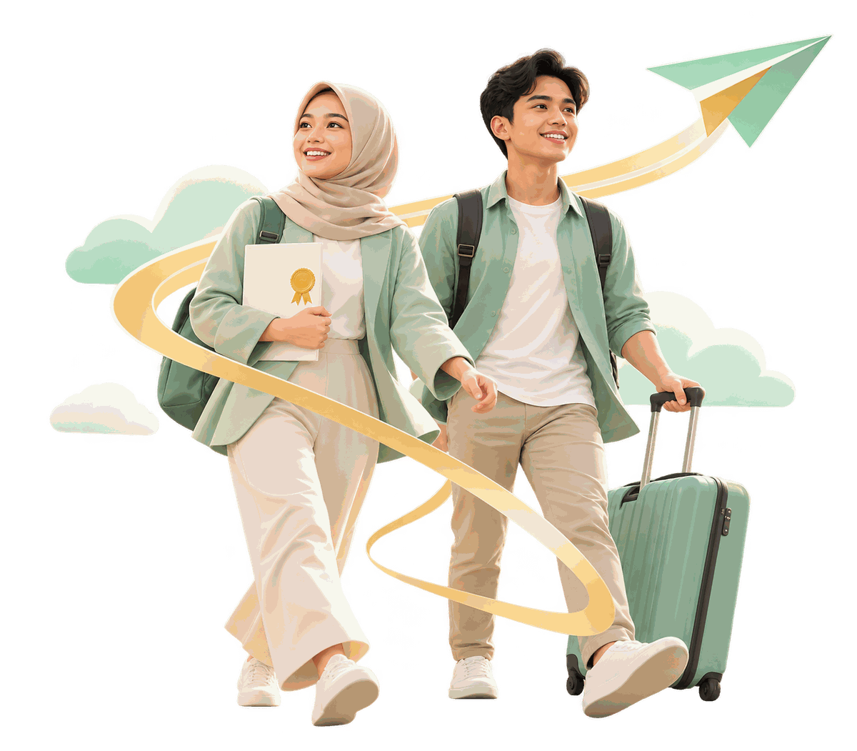 Ilustrasi calon pekerja membawa koper dan sertifikat