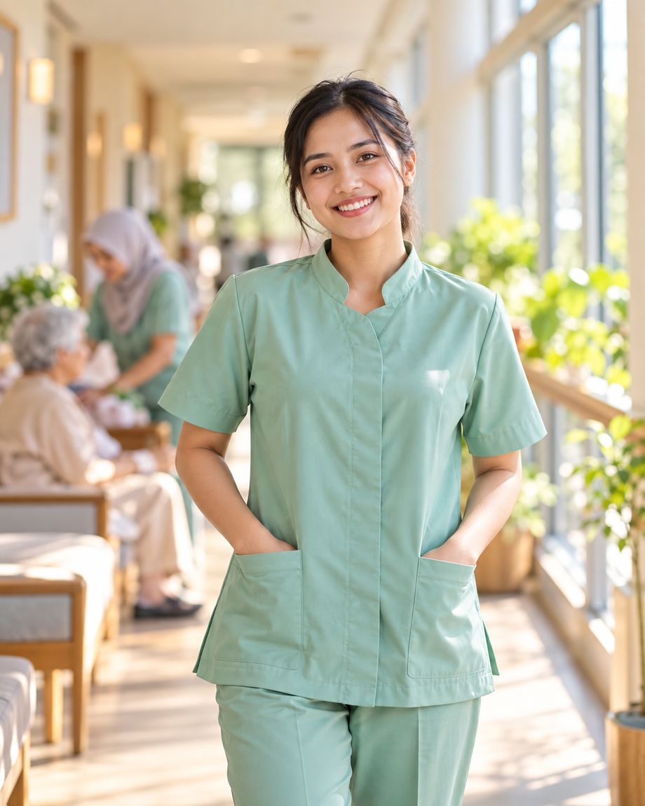 Seorang caregiver Indonesia tersenyum dengan seragam kerja