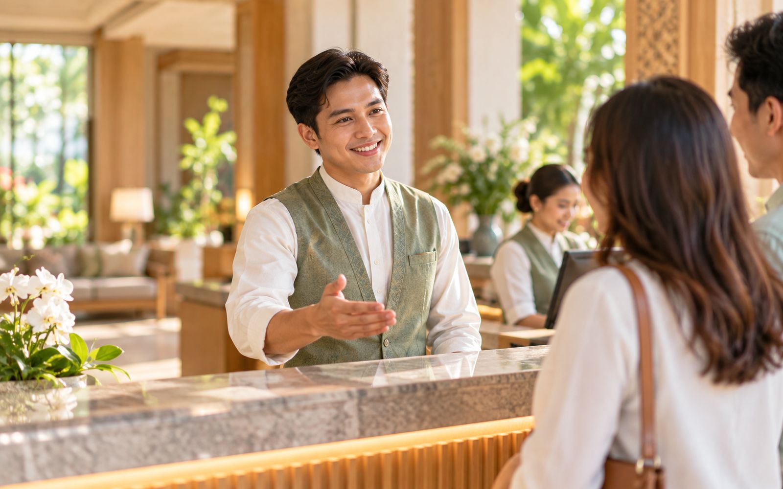 Staf hotel tersenyum di meja resepsionis