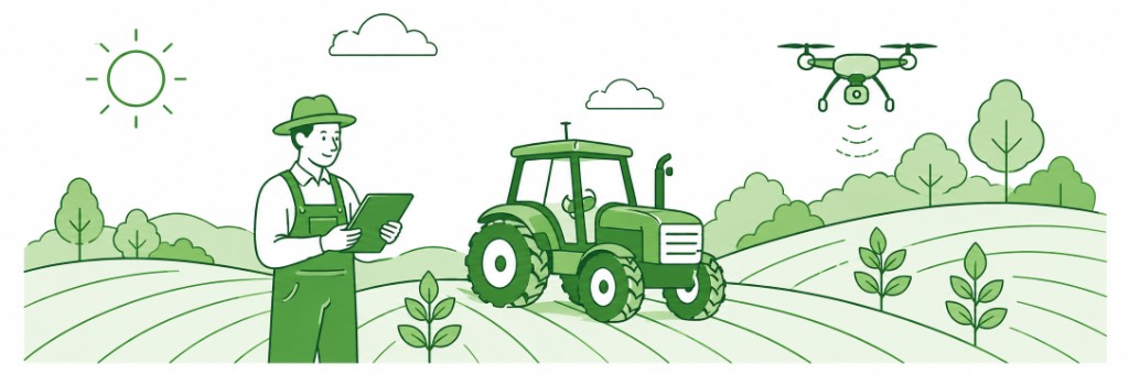 Smart farming: farmer with tablet, tractor on rolling crop fields, and survey drone over green line-art landscape