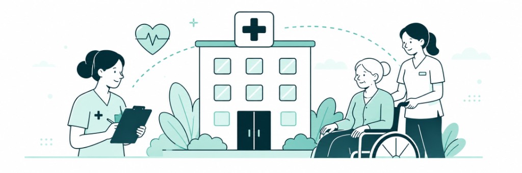 Hospital with care staff, clinician with clipboard, and caregiver with elderly person in a wheelchair