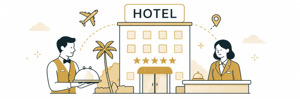 Hotel with five-star entrance, server with cloche, reception desk with bell, and travel icons for hospitality and tourism