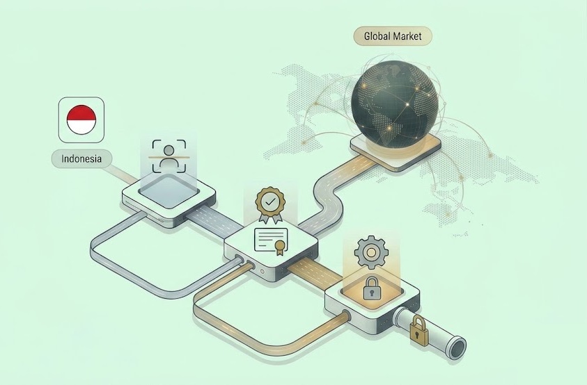 Isometric journey from Indonesia through verification and certification to the global market, with secure data processing along the pathway.